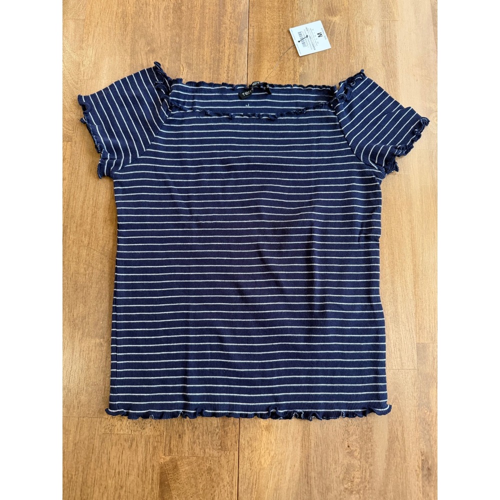 Terranova Navy Blue White Striped Ribbed Lettuce Edge Top Short Sleeve M